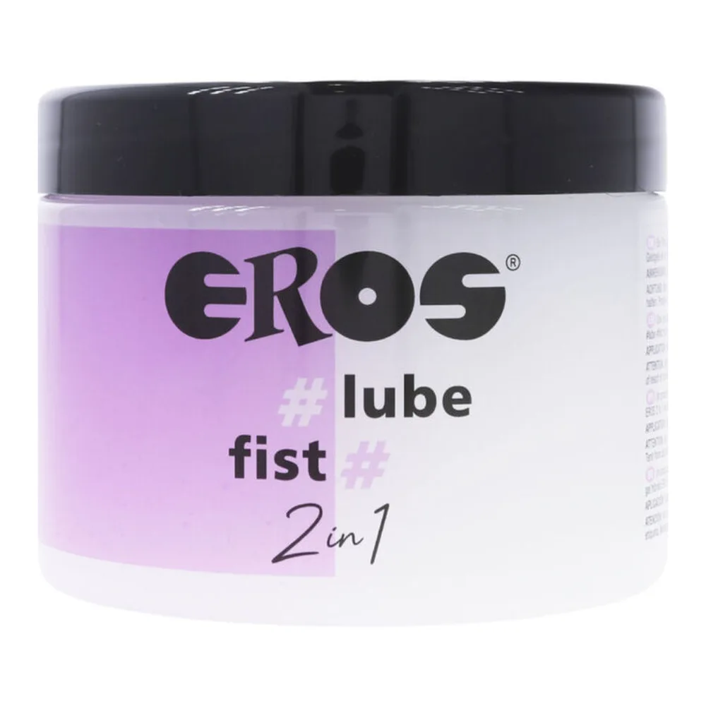 Pot de lubrifiant EROS Fist 2in1 de 500 ml, blanc et rose avec capot noir, étiquette mauve