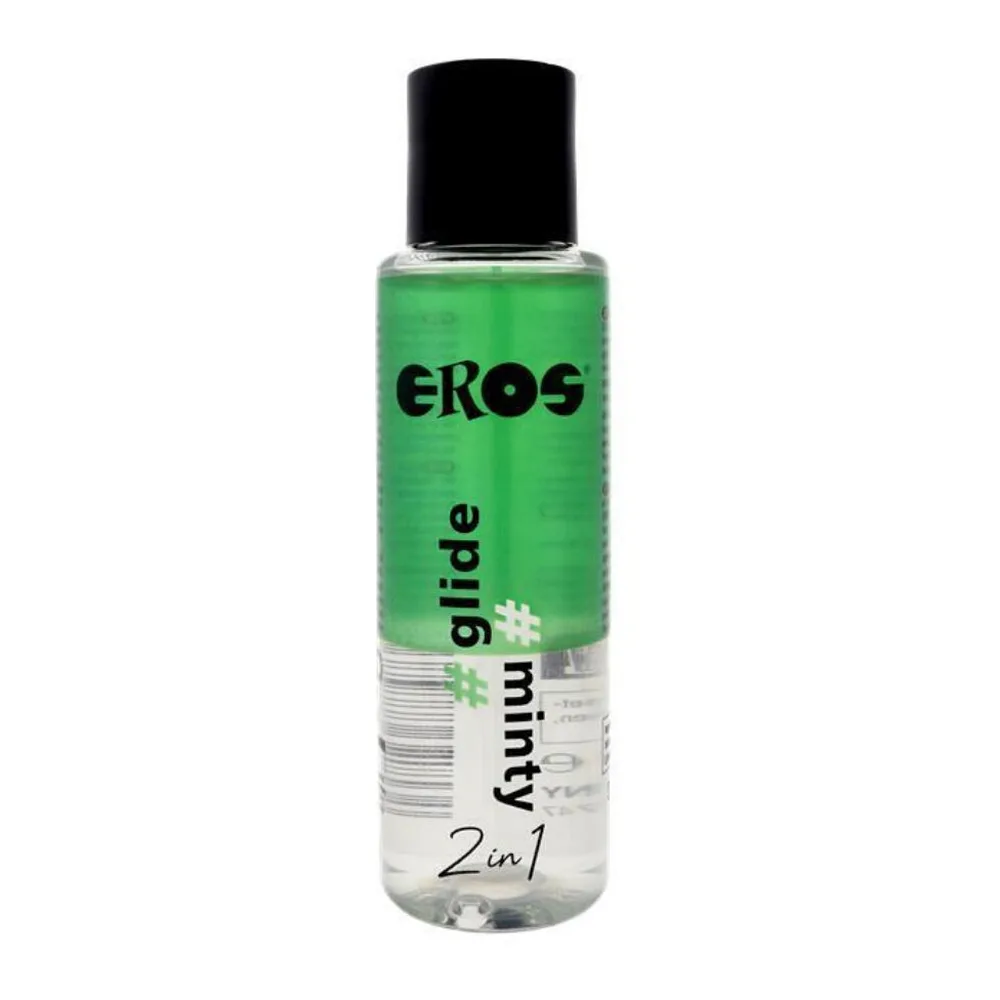 Flacon de lubrifiant Eros Glide Minty 2en1 à base de silicone, liquide transparent et vert clair avec bouchon noir, étiquette noire et blanche