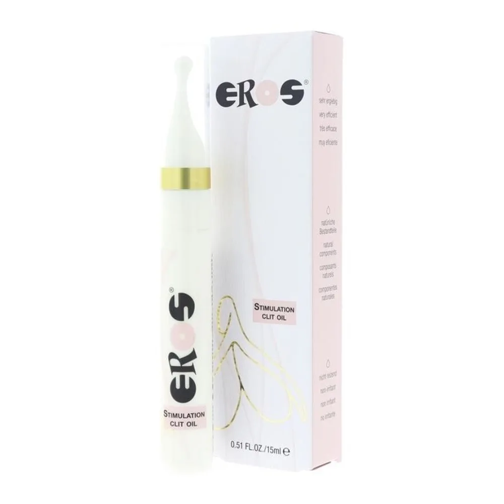 Flacon compte-gouttes blanc et or contenant une huile claire, à côté de son emballage blanc et rose avec logo « eros » et mention « Stimulation Clit Oil », contenance 15 ml