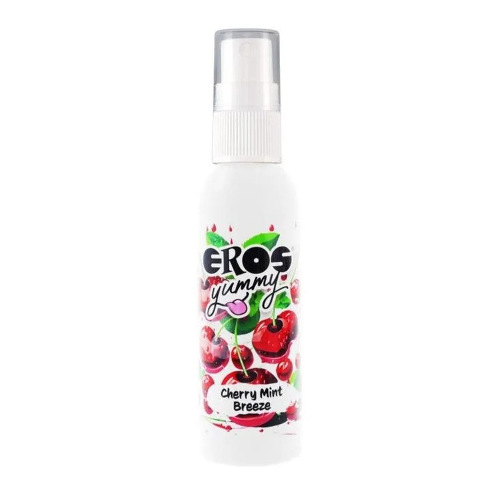 Flacon vaporisateur blanc de spray corporel Eros Yummy saveur Cerise-Menthe, avec étiquette illustrée de cerises rouges et de feuilles vertes, bouchon transparent sur fond blanc