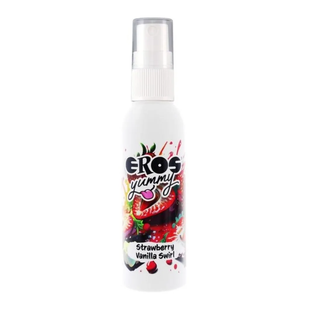 Flacon spray blanc de lubrifiant comestible Eros Yummy à saveur fraise-vanille, avec étiquette illustrée de fraises et fruits rouges, bouchon transparent et vaporisateur blanc