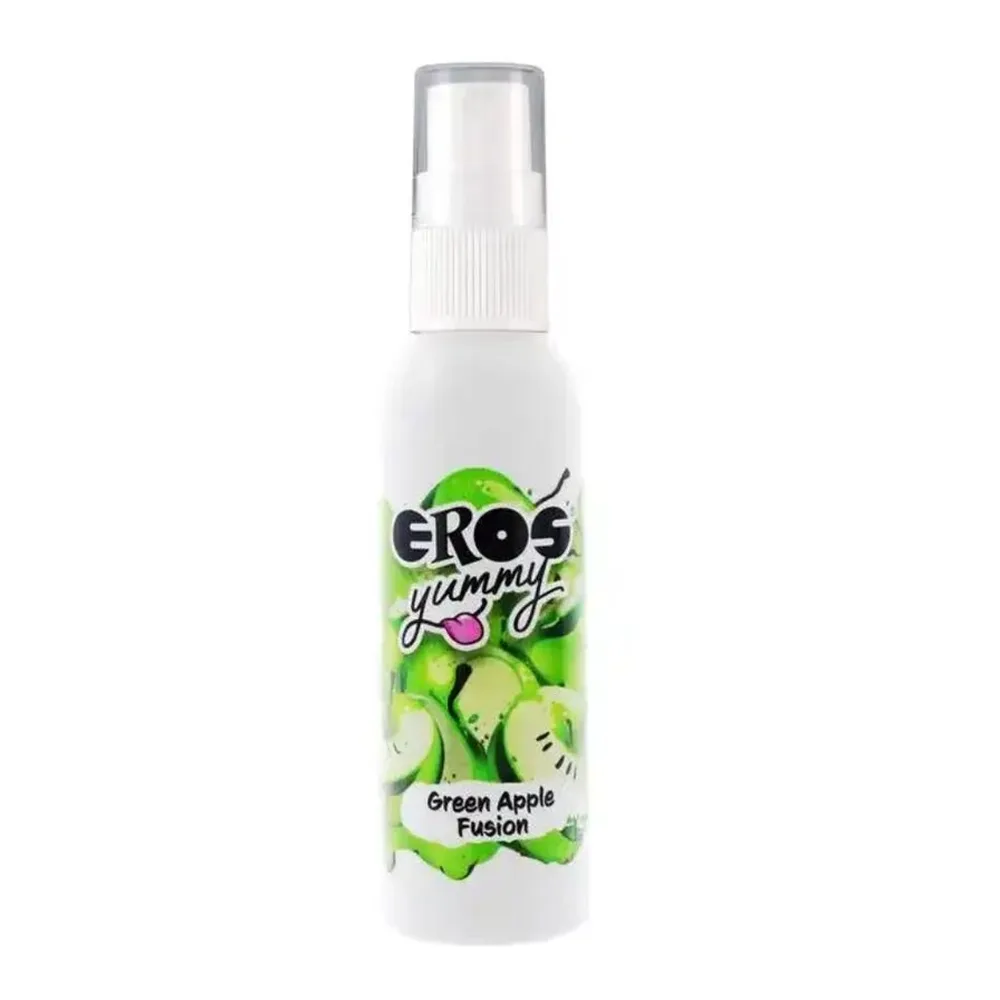 Flacon spray blanc de 50 ml Eros Yummy avec étiquette verte illustrant des pommes vertes et kiwis, bouchon transparent et pulvérisateur blanc