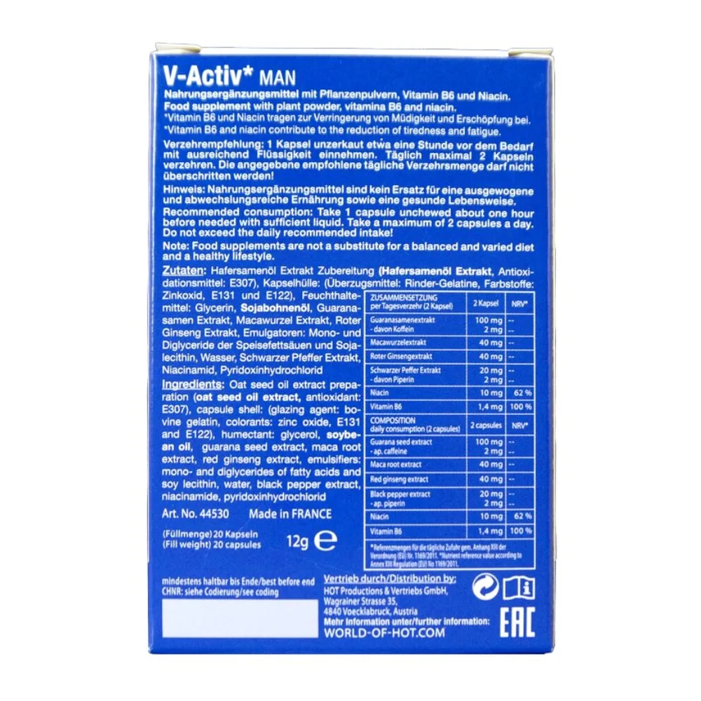 Boîte de V-Activ Man, complément alimentaire en 20 capsules, fond bleu avec étiquette détaillant composition nutritionnelle et mode d'emploi
