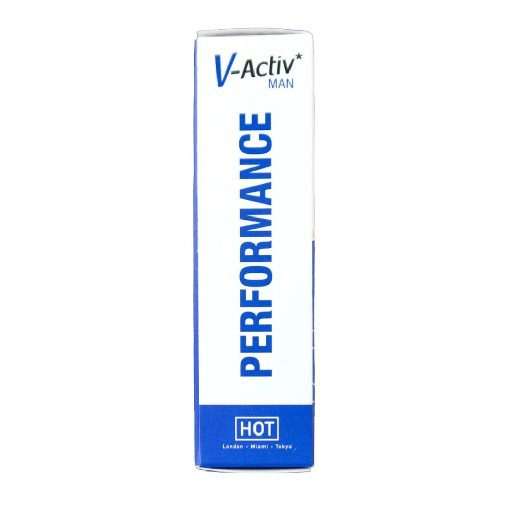 Boîte de V-Activ Man, complément alimentaire en 20 capsules, fond bleu avec étiquette détaillant composition nutritionnelle et mode d'emploi