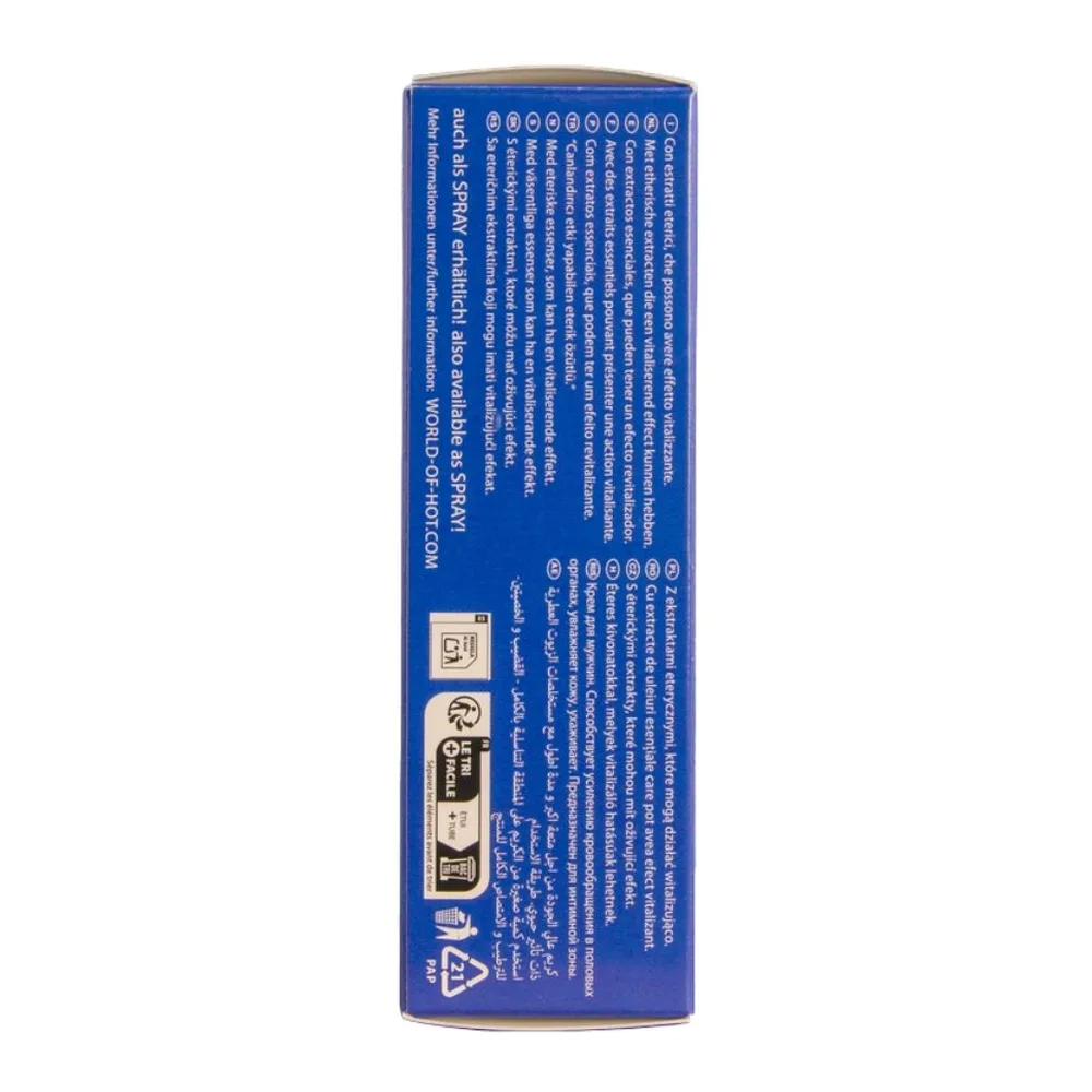 Emballage cylindrique bleu d'une crème pour homme avec texte blanc et logos de certifications, vue de dos