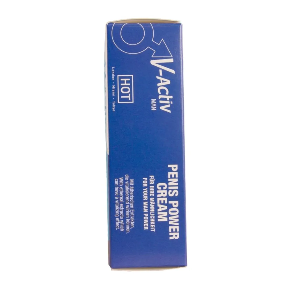 Emballage cylindrique bleu d'une crème pour homme avec texte blanc et logos de certifications, vue de dos