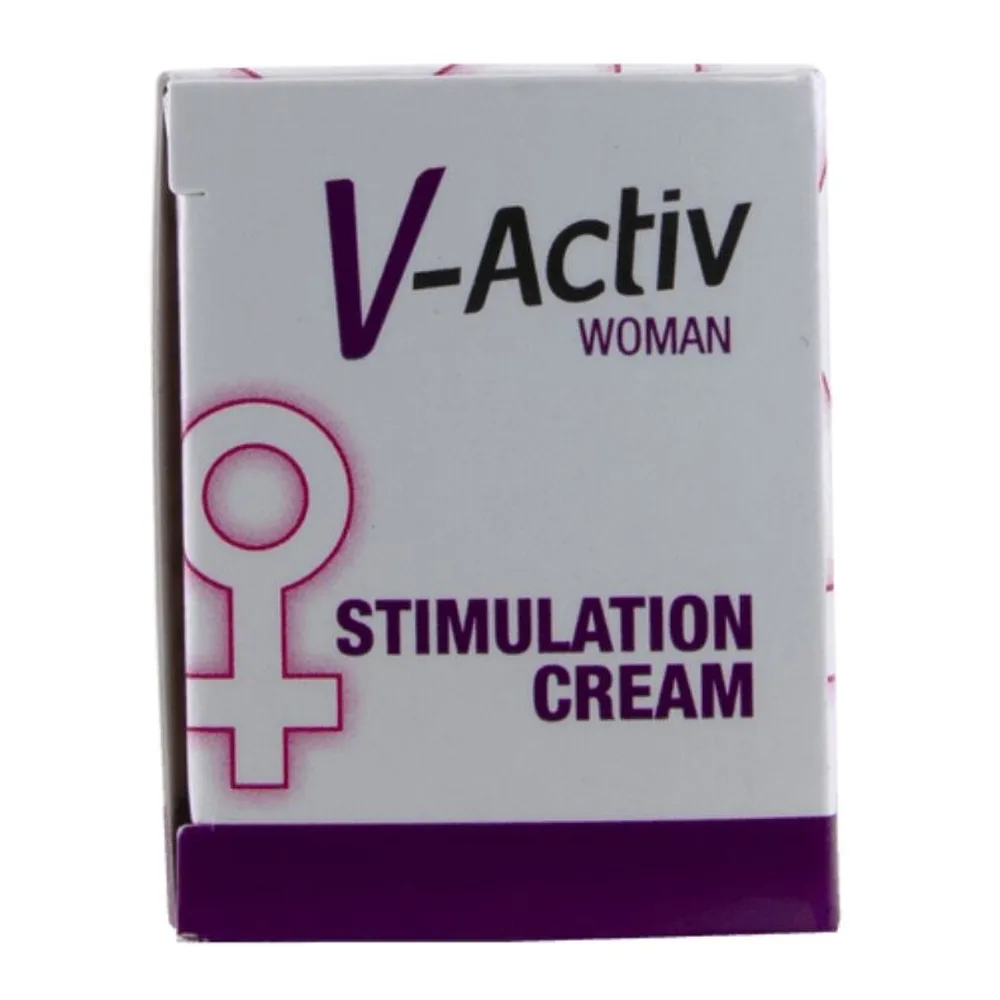 Emballage d'une crème stimulante V-Activ 50ml gris et violet, avec liste complète des ingrédients, numéro de lot et date d'expiration visibles