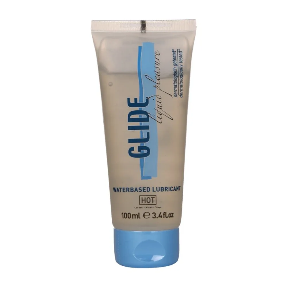 Tube de lubrifiant Glide Liquid Pleasure base eau, 100 ml, tube beige avec bouchon et fond bleu, étiquette bleue et texte blanc