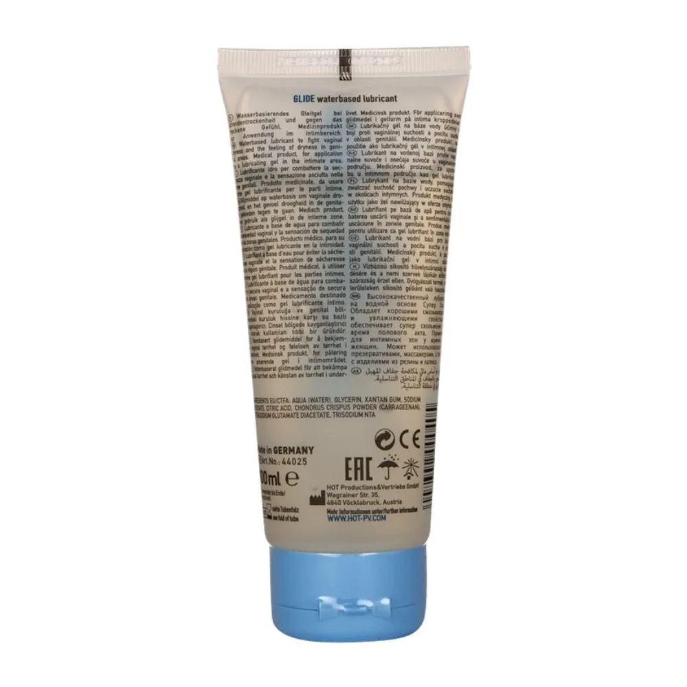 Tube de lubrifiant Glide Liquid Pleasure base eau, 100 ml, tube beige avec bouchon et fond bleu, étiquette bleue et texte blanc