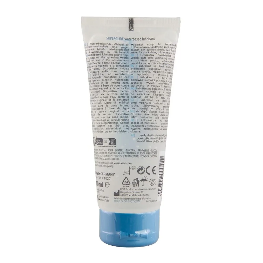 Tube blanc de lubrifiant Superglide Liquid Pleasure à base eau, 100 ml, capuchon bleu, étiquette bleue avec inscriptions