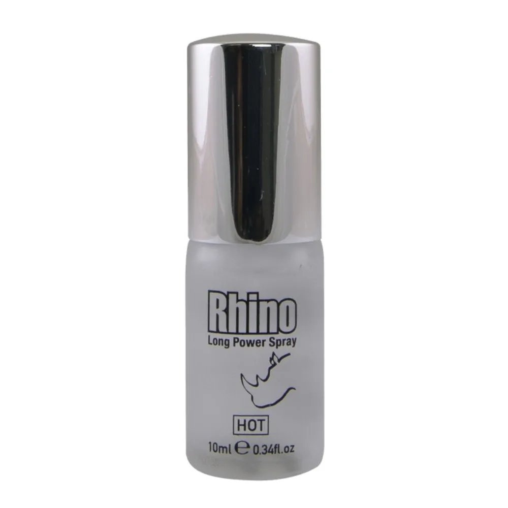 Flacon pulvérisateur Rhino Long Power Spray de 10 ml avec capuchon chromé argenté et étiquette blanche indiquant la marque et la mention HOT