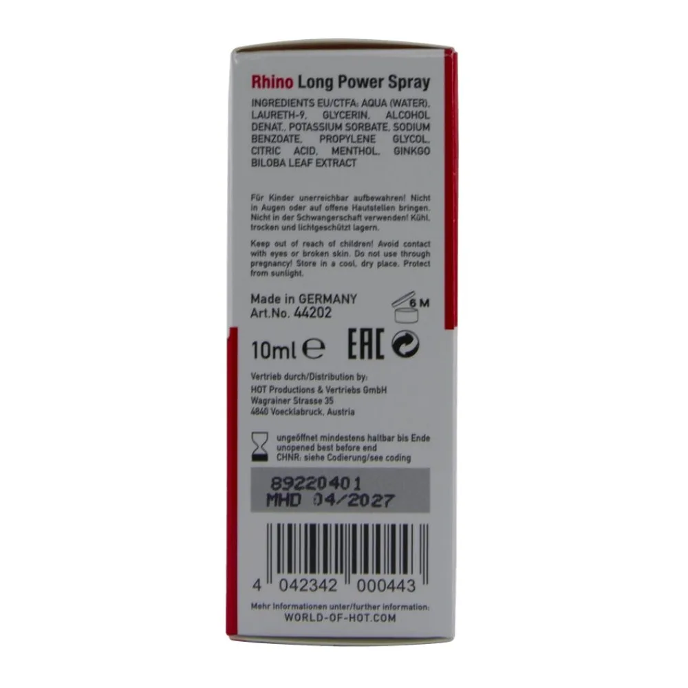 Flacon pulvérisateur Rhino Long Power Spray de 10 ml avec capuchon chromé argenté et étiquette blanche indiquant la marque et la mention HOT