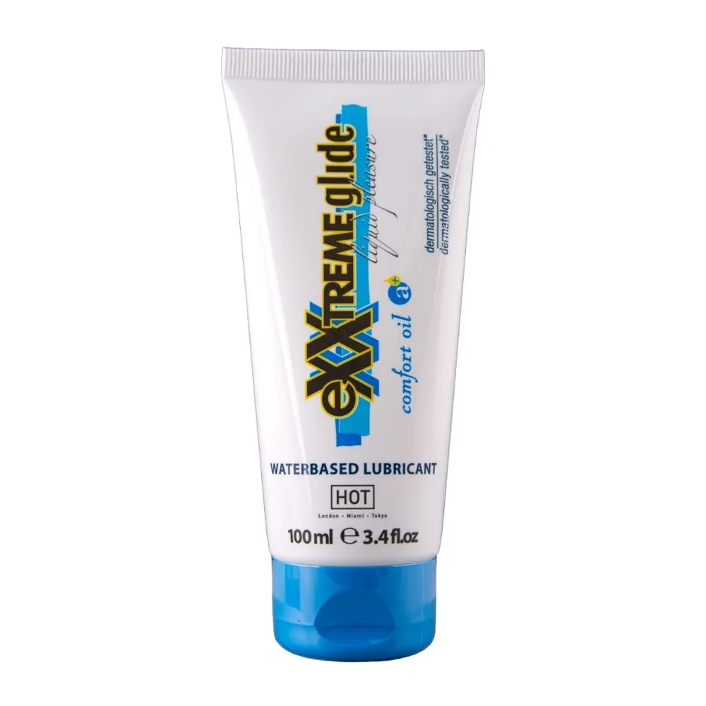 Tube de lubrifiant Exxtreme Glide blanc et bleu de 100 ml, étiqueté à base d'eau, compatible latex, sur fond blanc
