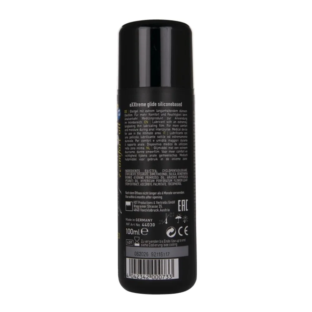 Flacon noir de lubrifiant Exxtreme Glide de la marque HOT, avec étiquette texte grise et logo blanc en bas