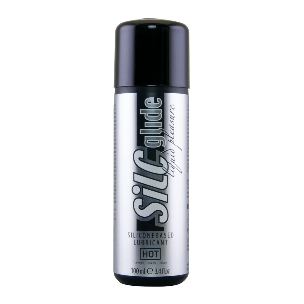 Flacon de lubrifiant Silc Glide à base de silicone, 100 ml, avec bouchon noir et étiquette argent et noire