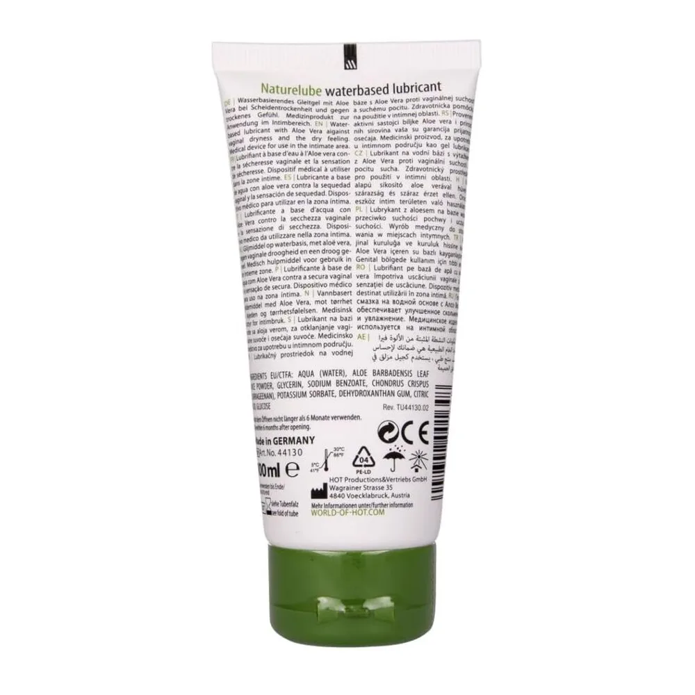Tube blanc et vert de lubrifiant à base d'eau Nature Lube, aromatisé à l'aloe vera, 100 ml, avec étiquette verte indiquant sa composition naturelle