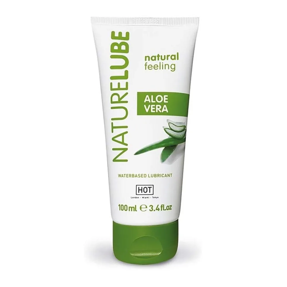 Tube blanc et vert de lubrifiant à base d'eau Nature Lube, aromatisé à l'aloe vera, 100 ml, avec étiquette verte indiquant sa composition naturelle