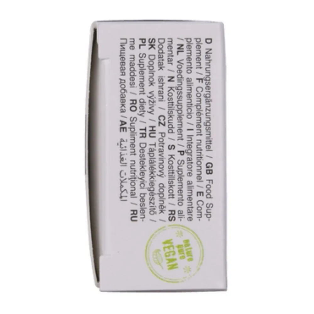 Emballage blanc de complément alimentaire en capsules, texte noir listant ingrédients et posologie, logo vegan vert en bas
