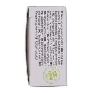 Côté de la boîte eXXtreme Power Caps avec la mention complément alimentaire et le logo vegan