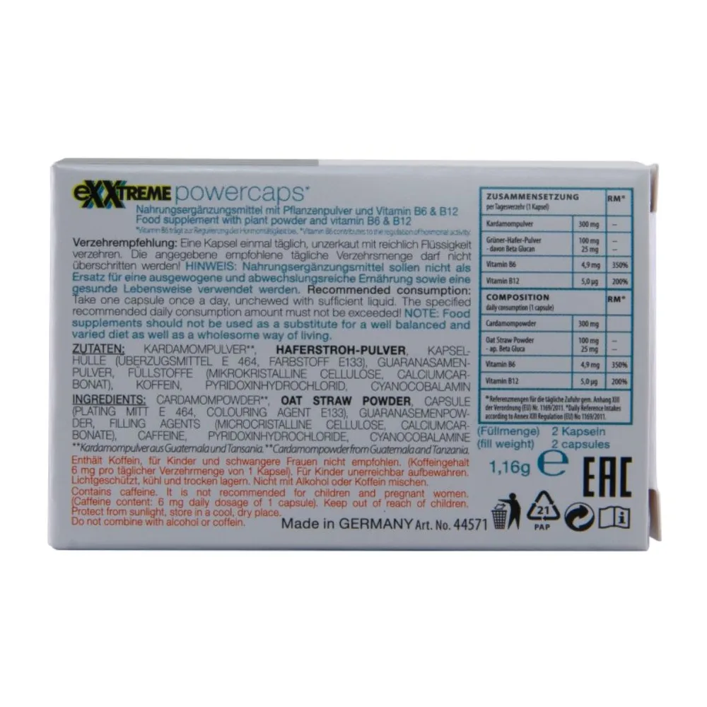 Emballage blanc de complément alimentaire en capsules, texte noir listant ingrédients et posologie, logo vegan vert en bas