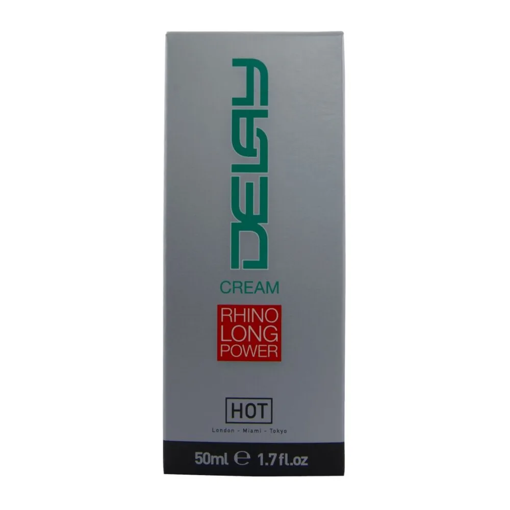 Tube de crème retardante grise et noire de 50 ml, étiquette verte « Desir » avec mention « special delay », « Rhino long power » et « Hot »
