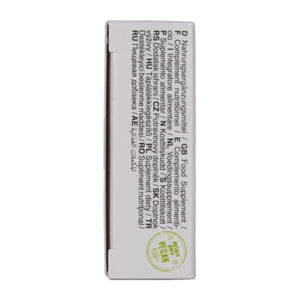 Boîte de gélules blanche avec texte et composition imprimée, vue du dos montrant les inscriptions en français et un logo vert