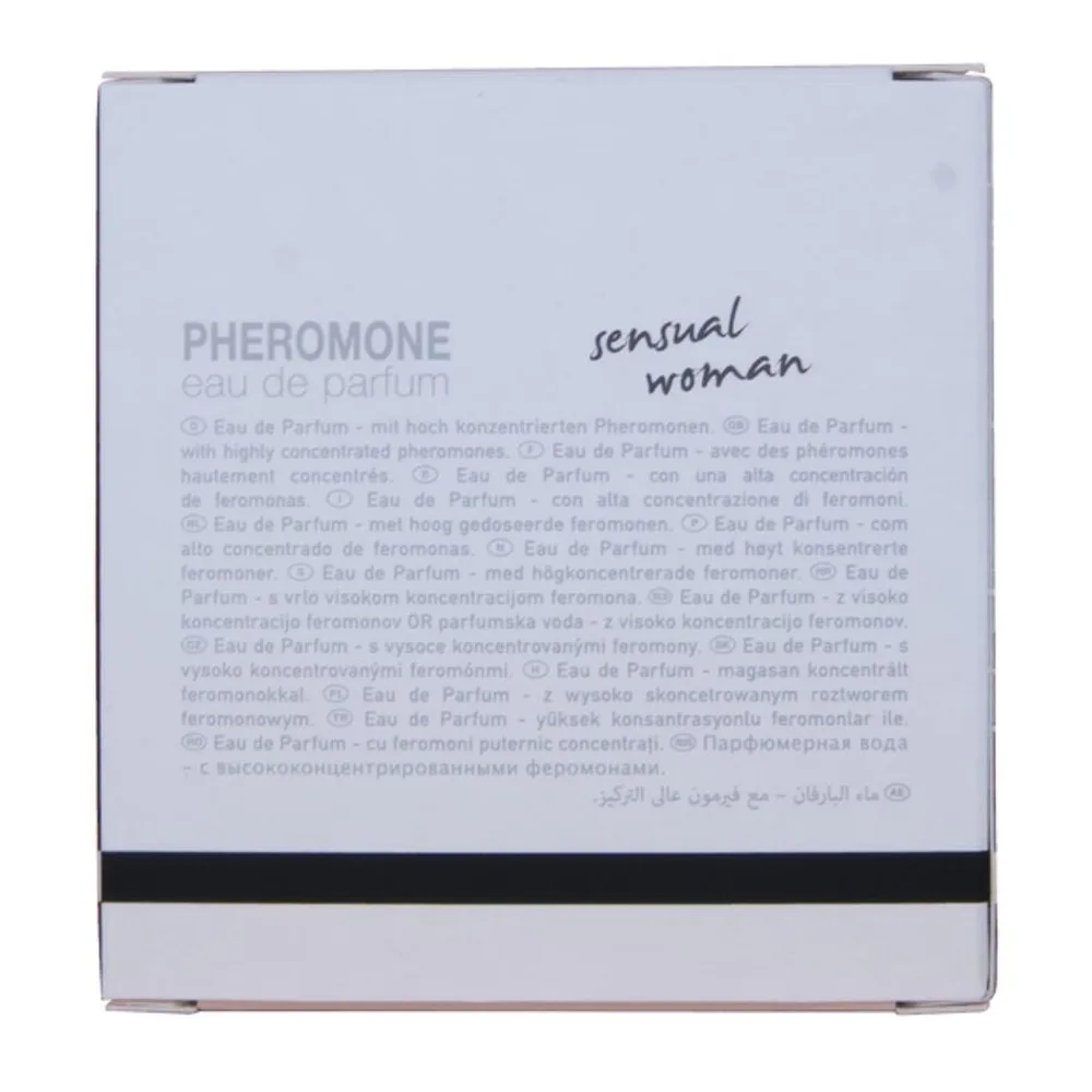 Flacon de parfum aux phéromones Tokyo Sensual en verre transparent, liquide clair teinté jaune pâle, bouchon pulvérisateur chromé, étiquette dorée avec le nom de la marque