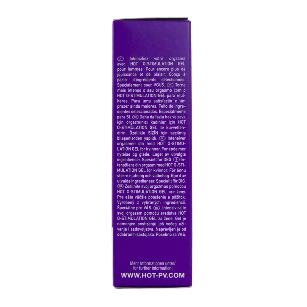 Emballage violet du gel stimulant pour femme, présentant le texte du mode d'emploi et les informations produit multilingues sur toute la longueur