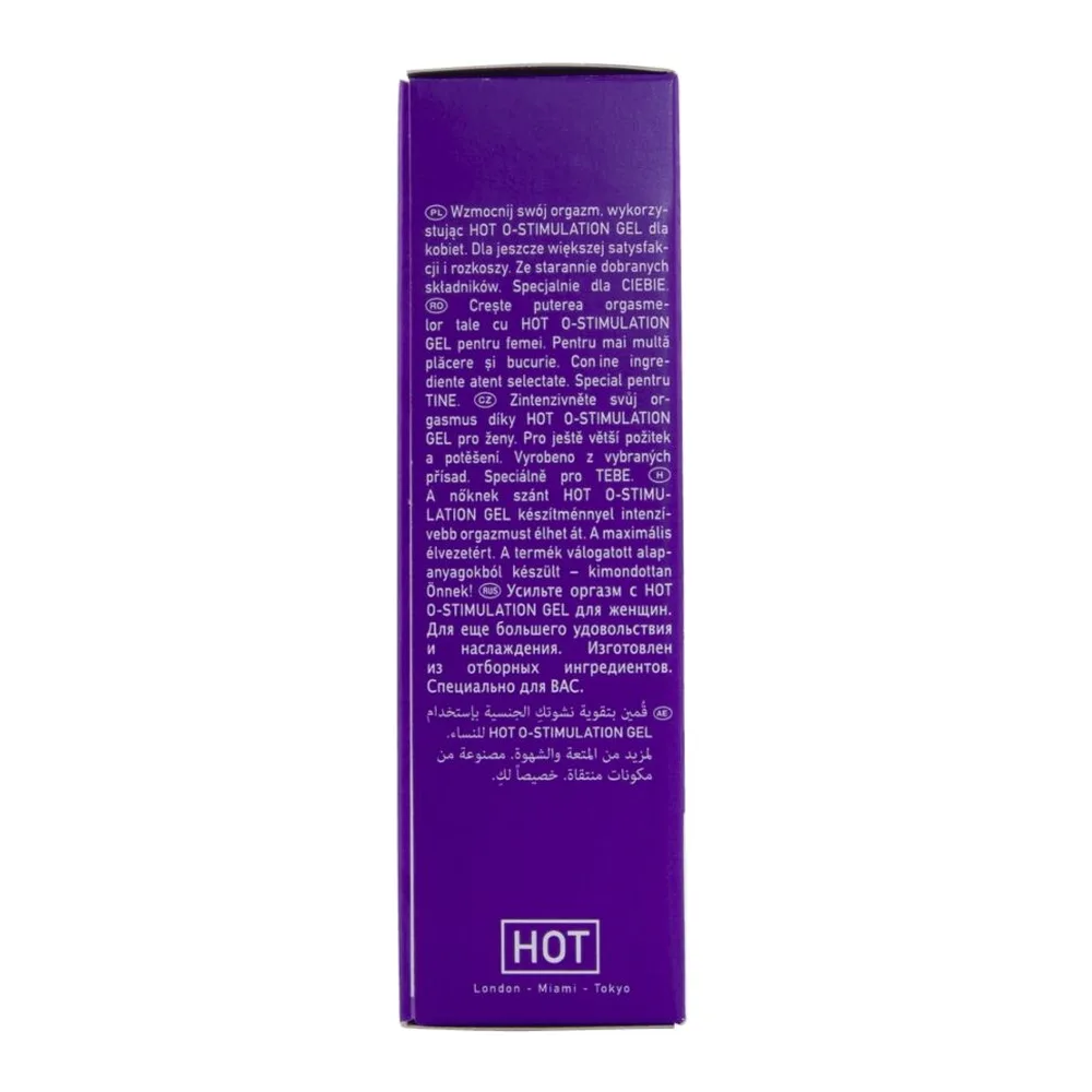 Emballage violet du gel stimulant pour femme, présentant le texte du mode d'emploi et les informations produit multilingues sur toute la longueur