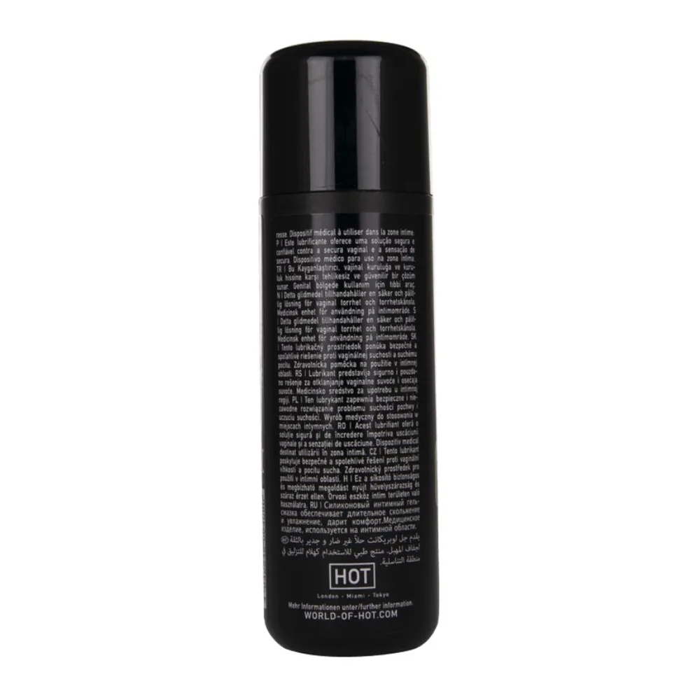 Flacon noir de lubrifiant silicone HOT avec bouchon à pompe, étiquette noire avec texte blanc et logo HOT visible au dos