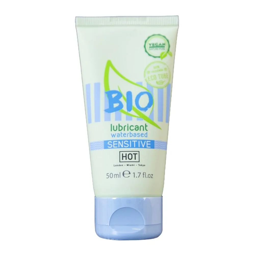 Tube de lubrifiant Bio Lubrifiant à base d'eau, 50 ml, avec étiquette verte et bleue indiquant « sensitive » et certification vegan