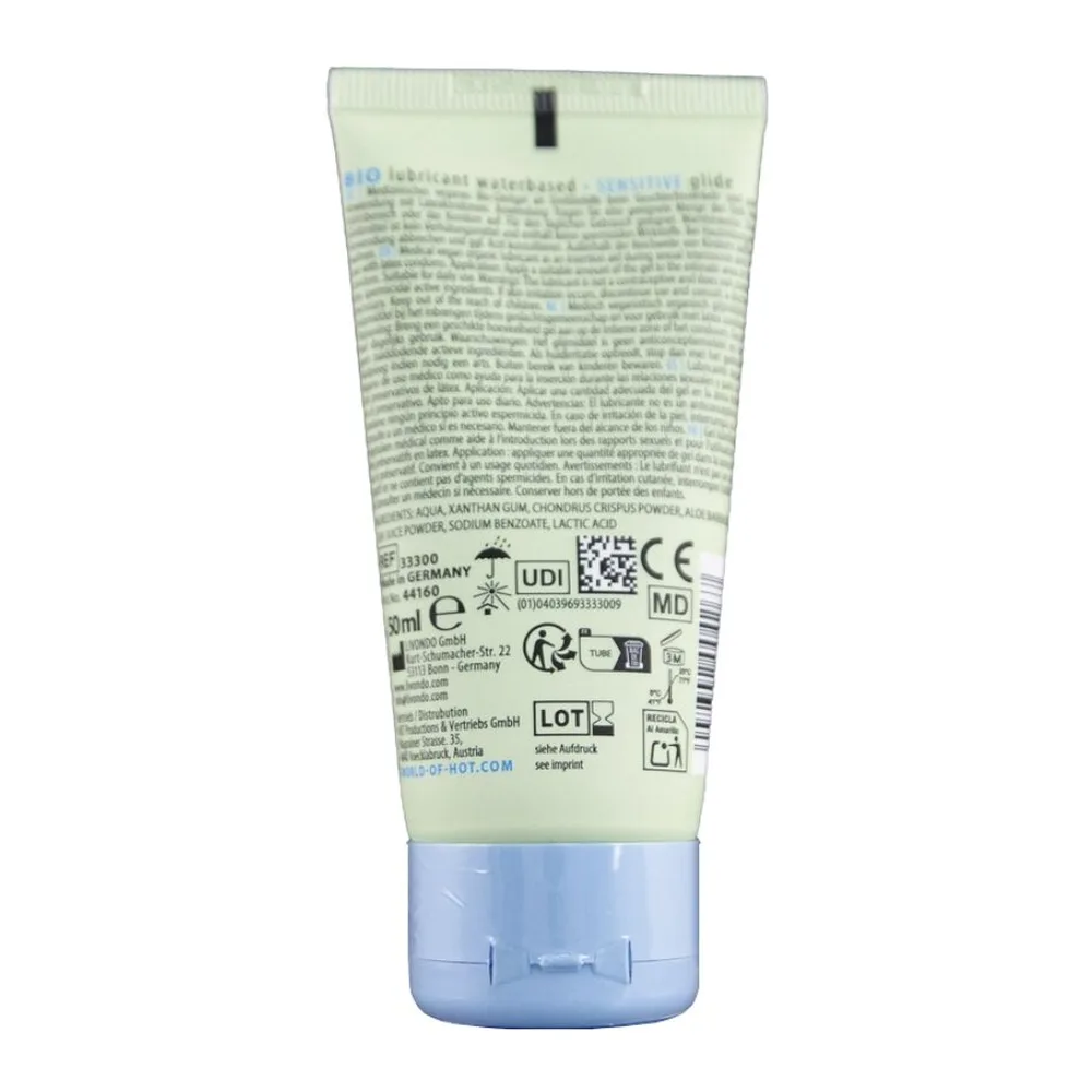 Tube de lubrifiant Bio Lubrifiant à base d'eau, 50 ml, avec étiquette verte et bleue indiquant « sensitive » et certification vegan