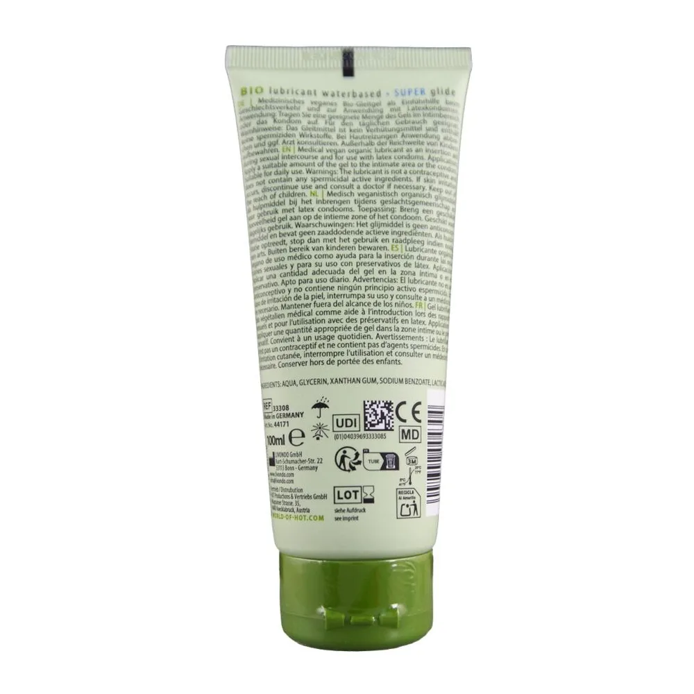 Tube de lubrifiant à base d'eau Bio, emballage blanc et vert avec logo vegan et mention eco tube, contenance 100 ml