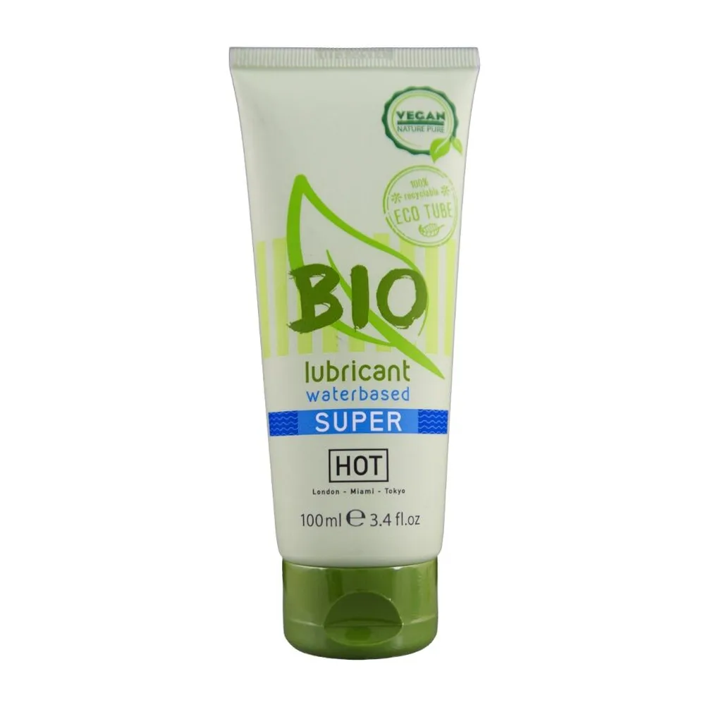 Tube de lubrifiant à base d'eau Bio, emballage blanc et vert avec logo vegan et mention eco tube, contenance 100 ml