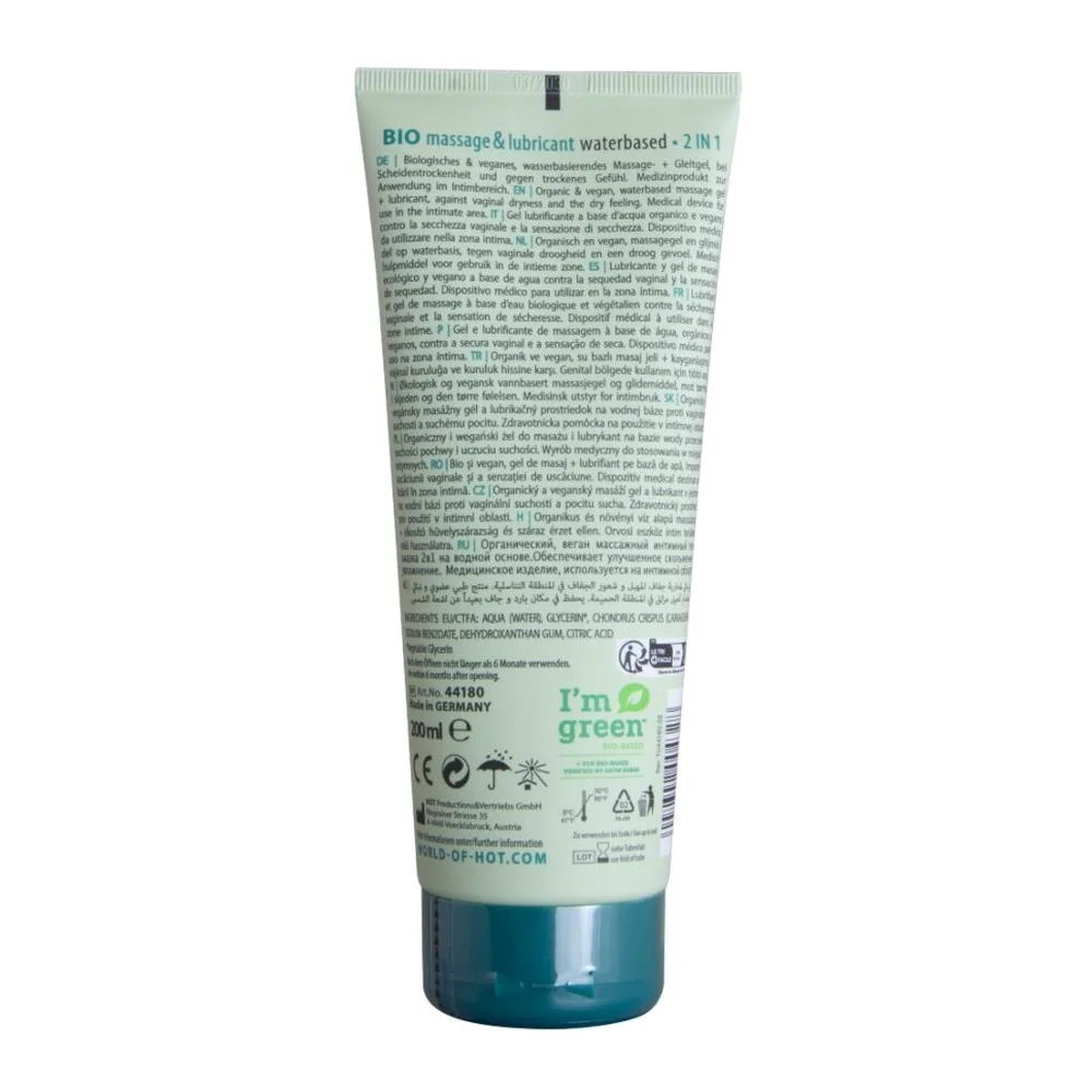 Tube de lubrifiant bio à base d'eau verte menthe et bleu marine, format 200 ml, logo vegan et eco tube, étiquette 2 en 1 massage et lubrifiant, marque HOT