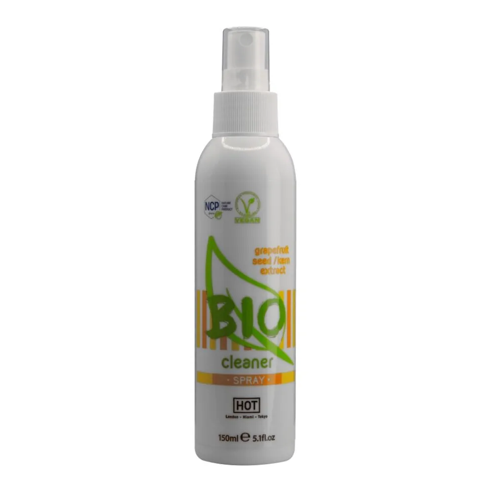Flacon spray blanc de 150 ml de nettoyant biodégradable pour sextoys, avec étiquette verte et blanche détaillant la composition et les instructions d'utilisation