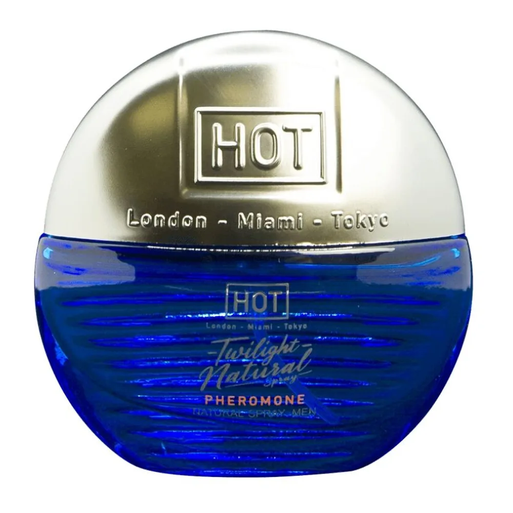 Flacon de spray de phéromone Twilight Natural bleu cobalt de 15 ml avec boîte de présentation bleue et argent, étiquette indiquant London-Miami-Tokyo