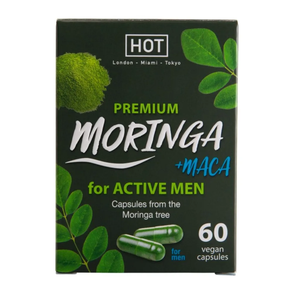 Boîte de complément intime à base de moringa et maca, 60 capsules végétales, fond noir avec feuilles de moringa vertes et texte blanc et vert