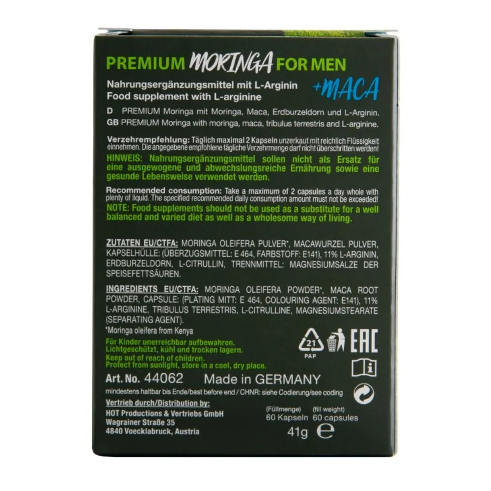 Boîte de complément intime à base de moringa et maca, 60 capsules végétales, fond noir avec feuilles de moringa vertes et texte blanc et vert
