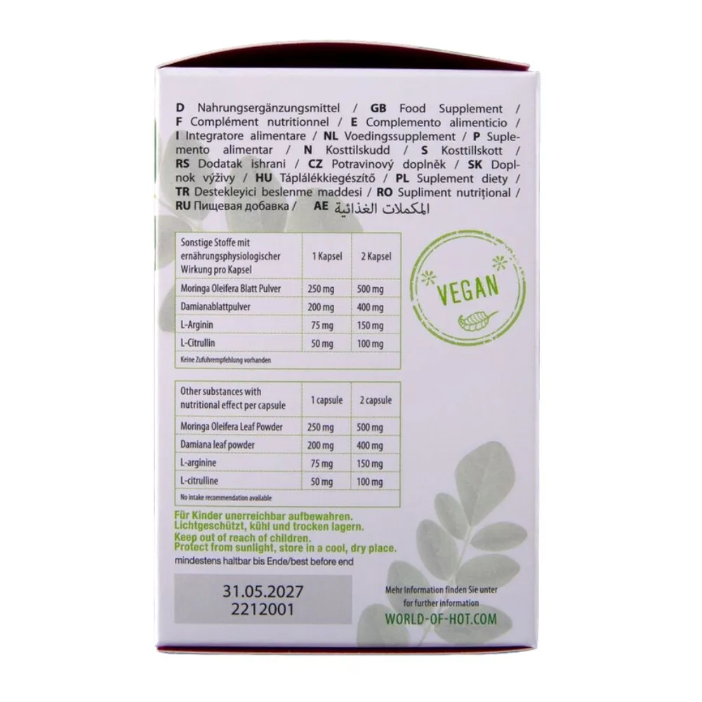 Emballage de complément alimentaire Moringa Capsules présentant le tableau nutritionnel avec les teneurs en moringa biologique, damiana et L-arginine, logo vegan et date d'expiration
