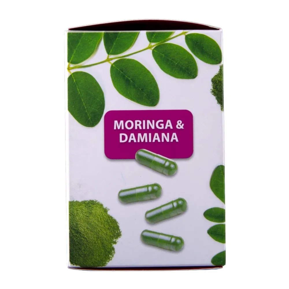 Emballage de complément alimentaire Moringa Capsules présentant le tableau nutritionnel avec les teneurs en moringa biologique, damiana et L-arginine, logo vegan et date d'expiration