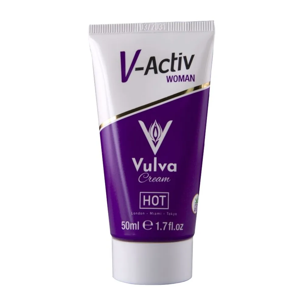 Tube de crème vulvaire V-Activ Woman, 50 ml, blanc et violet avec bande noire, étiquette indiquant Vulva Cream Hot de la marque V-Activ