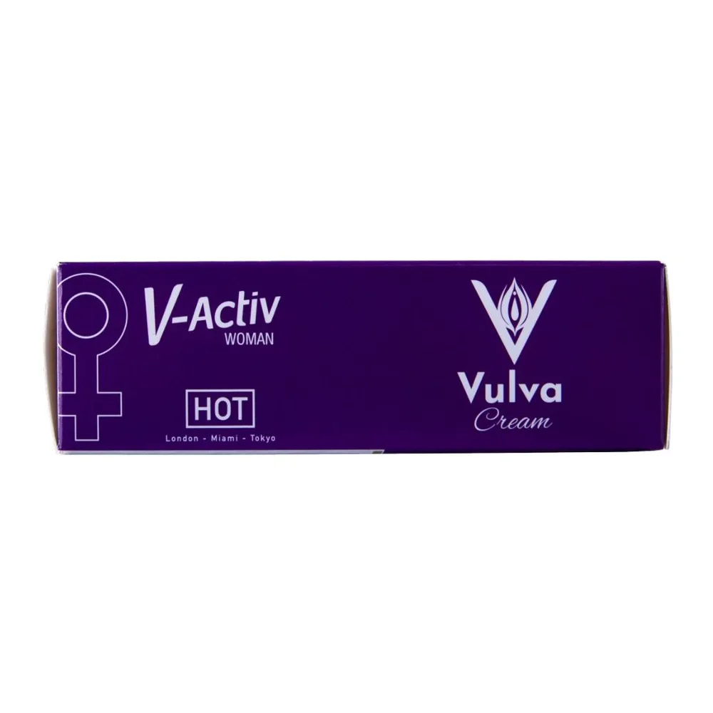 Tube de crème vulvaire V-Activ Woman, 50 ml, blanc et violet avec bande noire, étiquette indiquant Vulva Cream Hot de la marque V-Activ