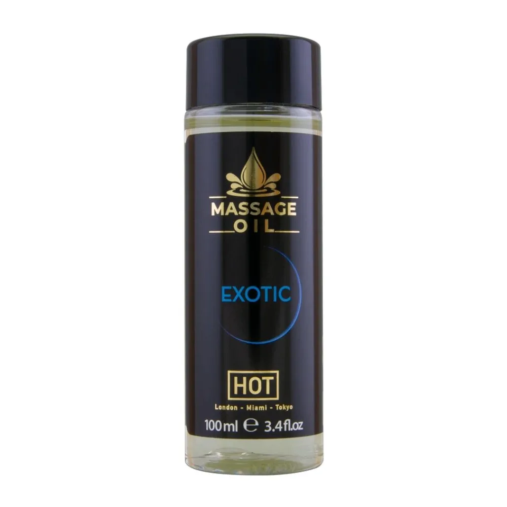 Flacon de 100 ml d'huile de massage Exotic au design noir et or, avec étiquette indiquant « HOT » et logo lotus, sur fond blanc