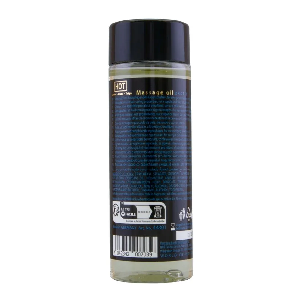 Flacon de 100 ml d'huile de massage Exotic au design noir et or, avec étiquette indiquant « HOT » et logo lotus, sur fond blanc