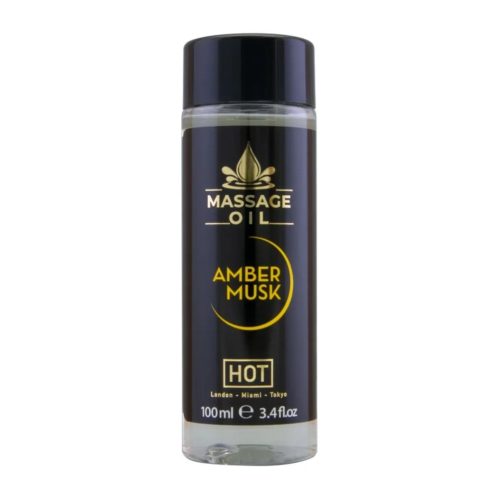 Flacon noir de 100 ml d'huile de massage Amber Musk avec étiquette dorée, capuchon noir et bande transparente, sur fond blanc