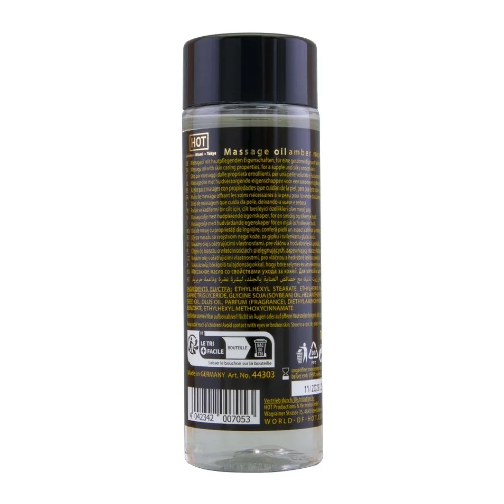 Flacon noir de 100 ml d'huile de massage Amber Musk avec étiquette dorée, capuchon noir et bande transparente, sur fond blanc
