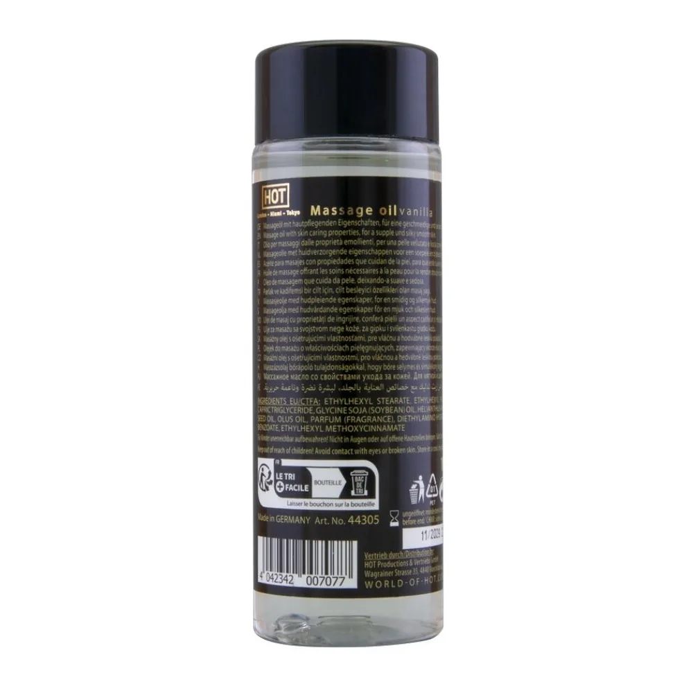 Flacon noir de 100 ml d'huile de massage à la vanille, marqué du logo doré et de l'indication HOT, avec bouchon à visser
