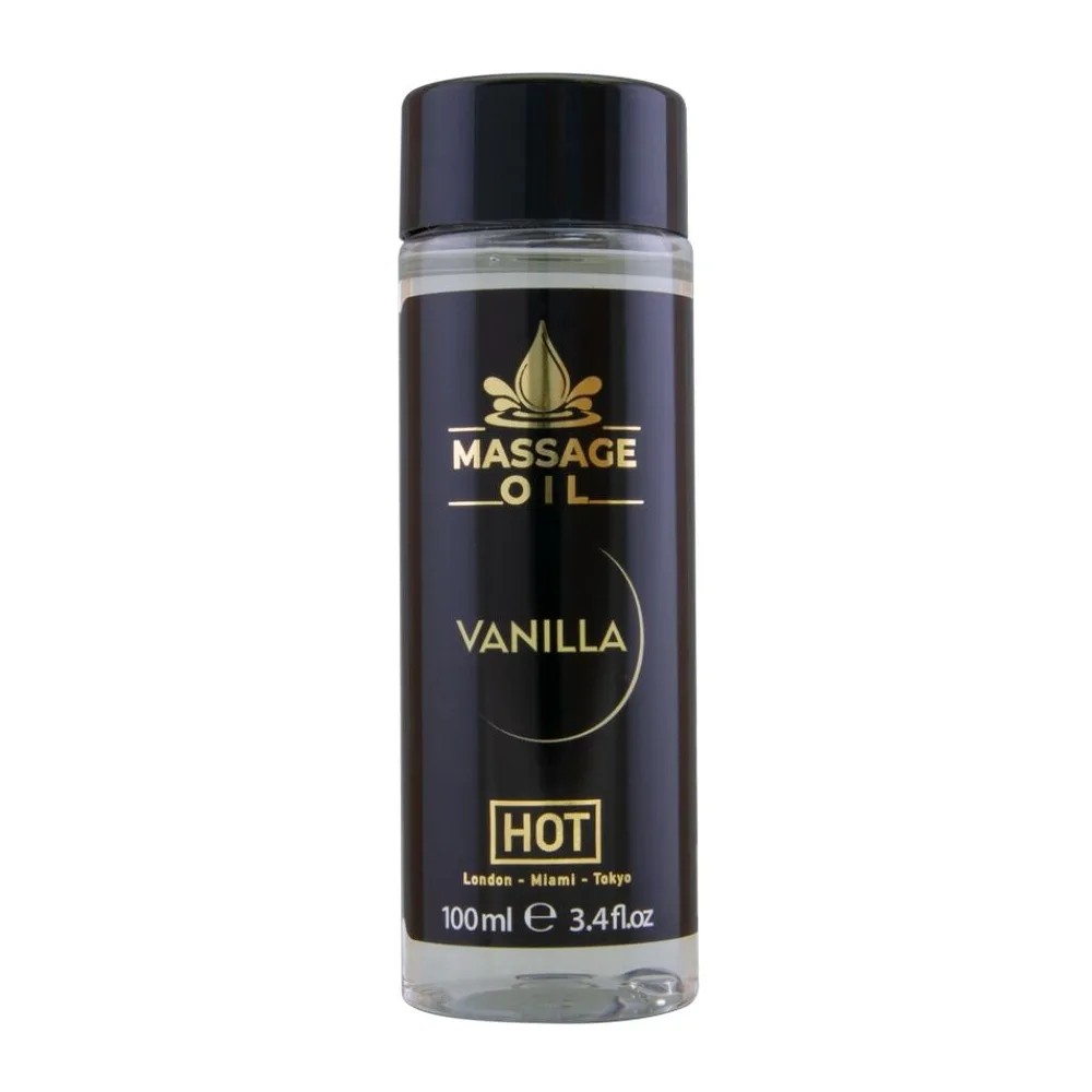 Flacon noir de 100 ml d'huile de massage à la vanille, marqué du logo doré et de l'indication HOT, avec bouchon à visser