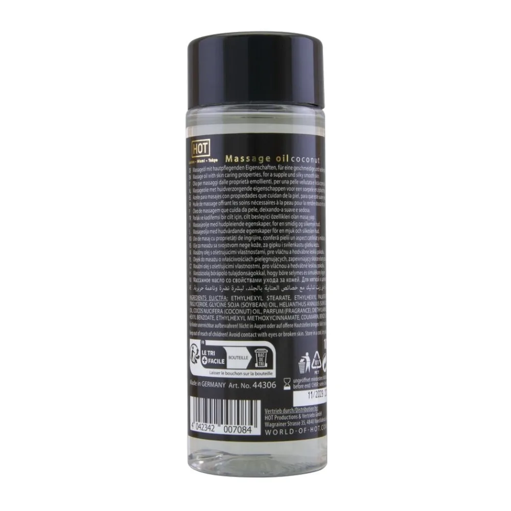 Flacon d'huile de massage à la noix de coco, design noir et or avec étiquette « COCONUT HOT », 100 ml, bouchon noir